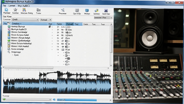 Ashampoo Burnya AudioCD音频刻录界面,显示音轨列表与格式转换进度,波形图清晰可见,背景为录音室监听音箱与调音台