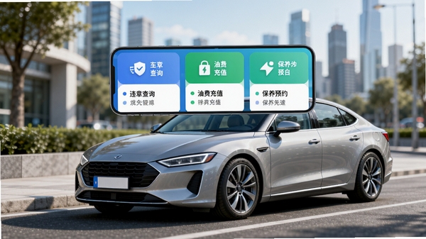 �ð��������з���App������չʾ��һ���ִ��γ�ͣ������ĳ���·�ߣ��ֻ���Ļ�����ڳ��Ϸ���ʾ��Υ�²�ѯ���ͷѳ�ֵ������ԤԼ�ȹ��ܿ�Ƭ��������ģ���Ķ�������ߣ�����ɫ���������£�ͻ�����ܱ�ݵĳ��з������⣬����ϸ�ڷḻ����Ӱ��Ȼ������רҵ��Ʒ��Ⱦ���16:9��ͼ