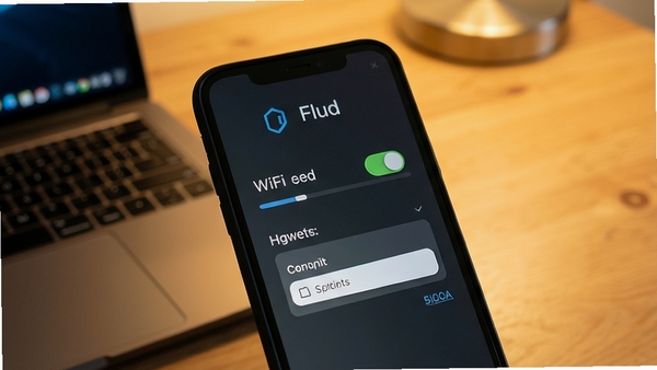 Flud种子客户端设置界面,展示WiFi下载开关、代理设置选项,背景为木质桌面与笔记本电脑局部,暖色调光线,突出移动端使用的便利性与安全性