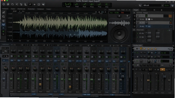 Audio Stream Input Output软件主界面,深色专业音频工作站风格,波形图与混音台元素,高清展示