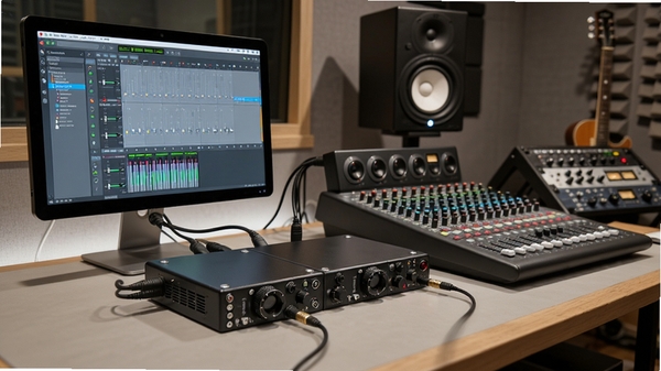 Audio Stream Input Output多设备聚合连接示意图,电脑连接多台音频接口与调音台,专业录音棚环境