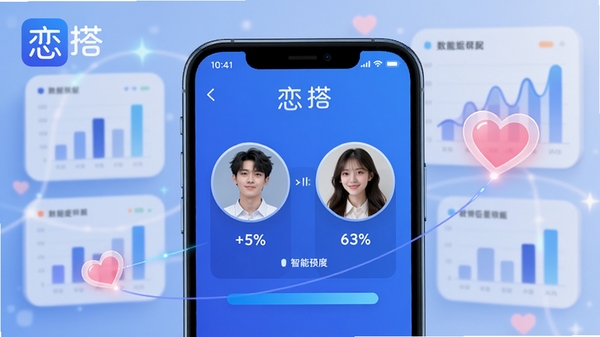 恋搭智能匹配功能预览图,手机屏幕展示两个用户画像匹配度百分比,背景有数据分析图表与心形连接线,颜色以蓝色和白色为主,科技感与浪漫感结合,画面包含恋搭软件名称,适配Boogu模型生成