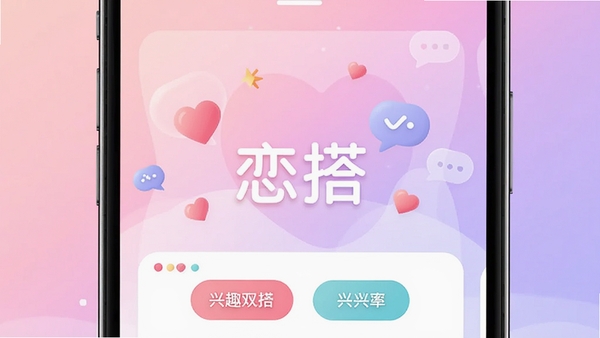 恋搭软件主界面展示图,手机屏幕中显示配对卡片与兴趣标签,背景为柔和渐变粉色与紫色,整体风格清新现代,UI设计简洁,突出交友匹配核心功能,画面中央有恋搭字样,周围有爱心和气泡装饰,适配Boogu模型生成