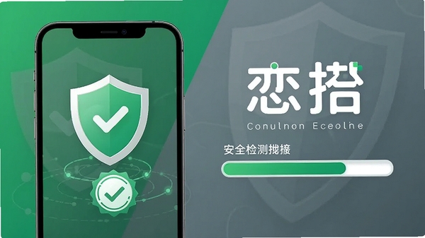恋搭安全防护功能展示图,手机屏幕上有盾牌图标与认证标识,背景为绿色和灰色搭配,体现安全可靠氛围,画面包含恋搭字样与安全检测进度条,适配Boogu模型生成