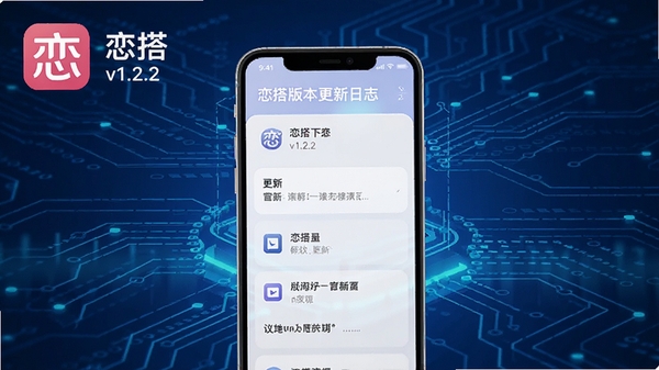 恋搭版本更新日志展示图,手机屏幕显示更新内容列表,背景为蓝色科技感线条,画面包含恋搭logo与版本号v1.2.2,适配Boogu模型生成