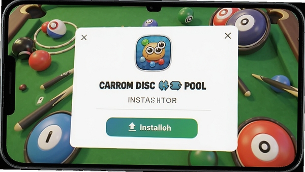 一张高清的安卓智能手机屏幕特写,屏幕上显示Carrom Disc Pool安装器的启动界面,背景是色彩鲜明的桌球与圆盘游戏元素,画面明亮,细节丰富,突出下载与安装按钮,整体风格现代简约,适合软件下载站首图展示