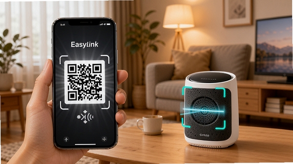 EasyLinkɨ����������ʾ��ͼ��һ���ֻ���Ļ��ʾ��ά�룬�Ա�һ��С��������������ɨ�裬����Ϊ��ܰ�ļ�ͥ����������ůɫ����ͻ����ݼ򵥵����ӹ���