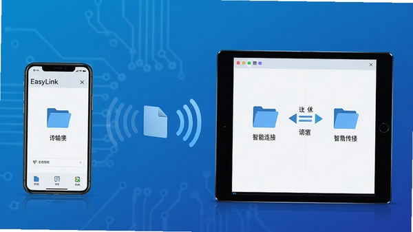 EasyLink软件主界面示意图,展示手机与平板设备无线连接、文件传输的流畅画面,背景为现代简约的科技感蓝色渐变,突出智能互联主题