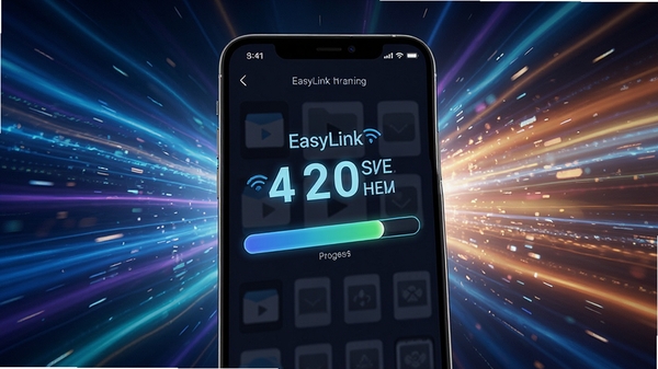 EasyLink极速传输效果图,手机屏幕显示文件传输进度条,速度数值突出,背景为动态光效,体现高效快速的视觉冲击