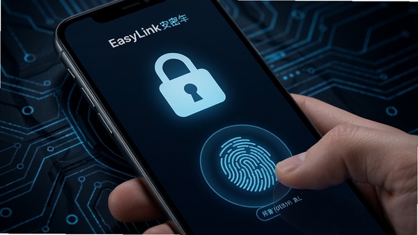 EasyLink安全加密界面,手机屏幕显示加密锁图标与指纹验证动画,背景为深色科技感纹理,强调安全可靠