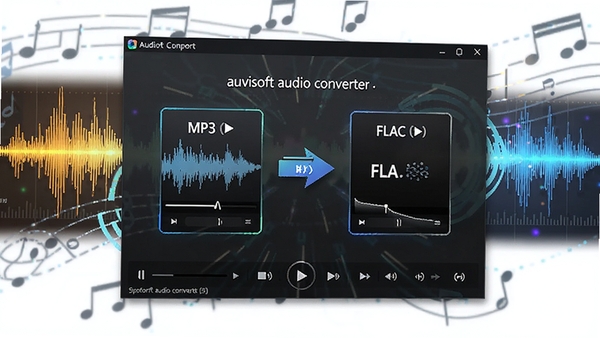 auvisoft audio converter��������չʾͼ������������ʾ��Ƶ�ļ����ڱ�ת��ΪMP3��FLAC��ʽ�����̣����������ֲ���ͼ���Ƽ���Ԫ�ص�׺��ɫ������������չʾ�����Ķ��ʽ֧�����ԣ���Ʒ��Ⱦͼ���