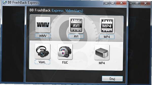 BB FlashBack Express��Ƶ������ʽѡ�񴰿ڣ�չʾWMV��AVI��MP4�ȶ��ָ�ʽͼ�꣬����Ϊ��ɫ��ͻ��ѡ����רҵ