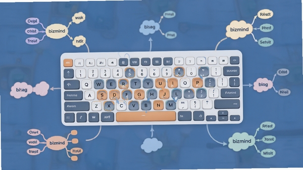 bizmind软件操作快捷键示意图,画面中央显示一个键盘,部分按键被高亮标注,周围环绕着思维导图节点图标,背景为纯色,风格简洁明了,突出快捷键功能,整体色调柔和,清晰展示软件便捷操作。