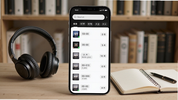 听域派音频管理界面,手机界面展示一个音频文件列表,每个文件带有时间、时长、大小标签,顶部有搜索栏和分类标签,背景为书架前,摆放着耳机和笔记本,体现音频资料的整齐管理与高效利用,画面风格清新简约。