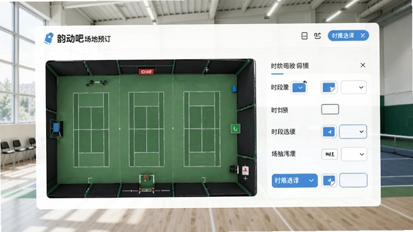 韵动吧场地预订功能界面,展示网球场地图和时段选择列表,背景为现代室内网球馆,光线明亮,界面设计简洁直观