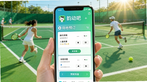 韵动吧app预览图,画面主体为手机界面展示约球和场地预订功能,背景为绿色网球场地,阳光明媚,整体风格清新明亮,突出运动社交氛围