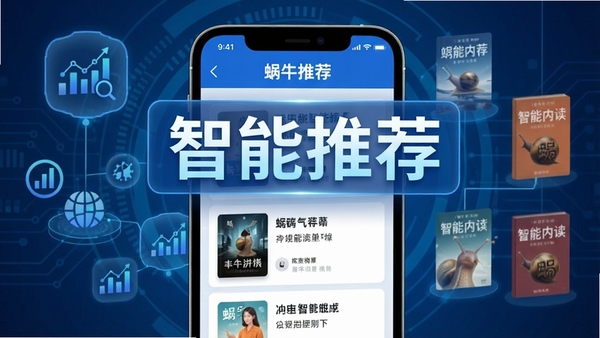 蜗牛阅读智能推荐界面,手机屏幕展示个性化书单,背景有大数据分析图标与书籍封面元素,科技感蓝色调,突出“智能推荐”文字,画面清晰有层次