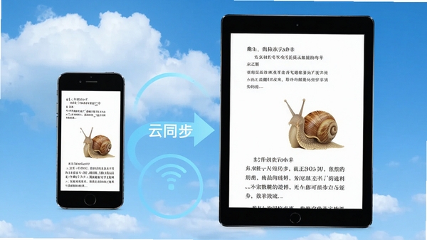 蜗牛阅读云同步概念图,手机与平板电脑并排显示相同书籍页面,中间有同步箭头,背景为蓝天白云,画面明亮,突出数据同步与便捷性
