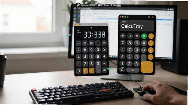 CalcuTray软件特色功能预览图,展示通过键盘快捷键快速呼出计算器窗口的场景,画面中键盘与屏幕上的计算器界面相互呼应,强调快捷操作带来的高效体验