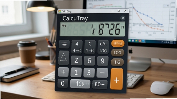 CalcuTray科学计算模式界面展示,屏幕上显示带有三角函数、对数等高级功能按键的计算器,背景为办公桌面,体现软件的专业性与实用性