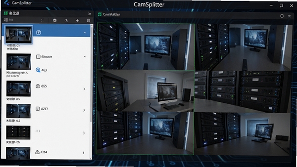 CamSplitter主界面预览图,展示多路视频分割布局,左侧为视频源列表,右侧为分割预览窗口,背景为深色科技感界面,整体风格简洁专业,高清渲染