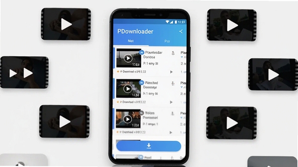 PDownloader������Ԥ��ͼ��һ�׿�ֻ��ϵ���Ƶ����Ӧ�ã��������ִ�����ɫ��Ϊ���׽���ɫ������Ϊǳ��ɫ���ֻ���Ļ����չʾ����Ļ����ʾ��Ƶ�б������ذ�ť����Χɢ����һЩ��Ƶ����ͼͼ�꣬�������������������Ϲ�����Ӧ�õ��Ӿ�����
