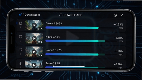 PDownloader�������ع��ܽ��棬�ֻ�����չʾ�����б��������Ƶͬʱ���أ���������̬��䣬����Ϊ��ɫ�Ƽ�����������ʾ�����ٶ����ֺ���ɰٷֱȣ�������ָ�Ч�������Ӿ����