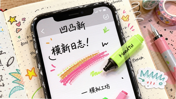 凹凸手写模拟工坊更新日志展示图,画面中以手机截图形式展示新增的荧光笔笔触效果,背景为手账风格,色彩明亮,突出更新亮点,整体风格活泼,适合用于版本更新说明配图