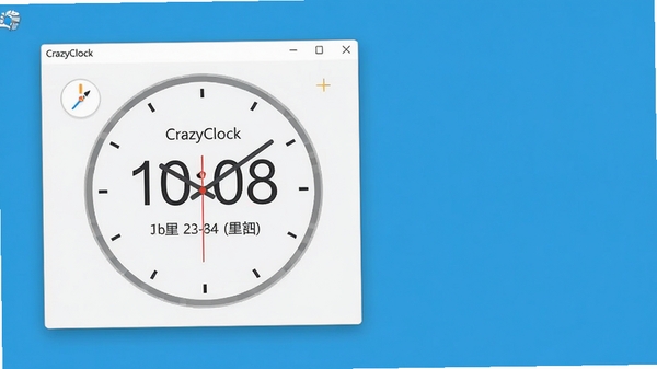 一张高清的电脑桌面截图,画面中央偏左位置显示着CrazyClock软件的主界面,一款现代简约风格的桌面时钟,表盘清晰显示时间、日期和星期,背景是干净的纯色桌面,整体色调明亮,体现软件的个性化定制功能,画面中不要出现任何文字