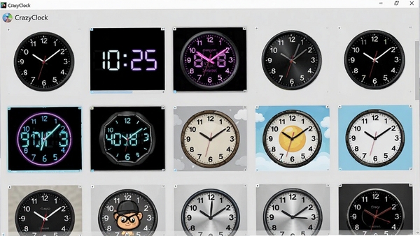 展示CrazyClock软件中多款时钟皮肤的预览界面,界面以网格形式陈列着各种风格迥异的时钟皮肤,包括指针式、数字式、霓虹灯风格、卡通风格等,背景为浅灰色,整体布局清晰,突出软件的丰富皮肤库,画面中不要出现任何文字