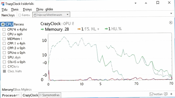 一张电脑任务管理器的截图,突出显示CrazyClock进程的CPU和内存占用率非常低,图表显示占用率极低,背景为任务管理器界面,整体风格简洁直观,突出软件轻量级的特性,画面中不要出现任何文字