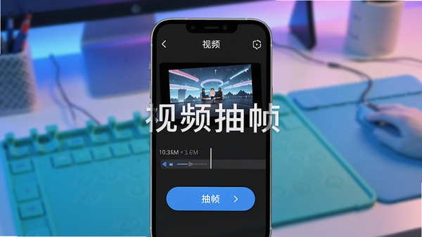 视频抽帧软件主界面展示,手机屏幕中显示视频时间轴和抽帧按钮,背景为渐变色工作台,画面清晰明亮,突出软件名称“视频抽帧”,整体风格现代简约,适配Boogu模型生成