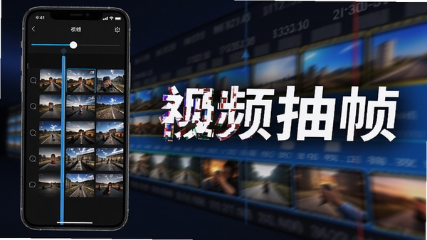 视频抽帧软件智能抽帧引擎工作示意图,手机界面显示时间轴滑块和帧预览网格,背景为动态模糊的视频轨道,强调快速与精准,画面色彩鲜明,突出软件名称“视频抽帧”
