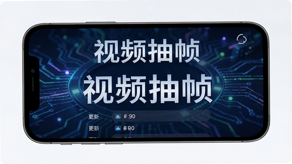 视频抽帧软件更新日志展示页面,手机屏幕显示版本更新列表,背景为科技感光效,画面清晰,突出软件名称“视频抽帧”