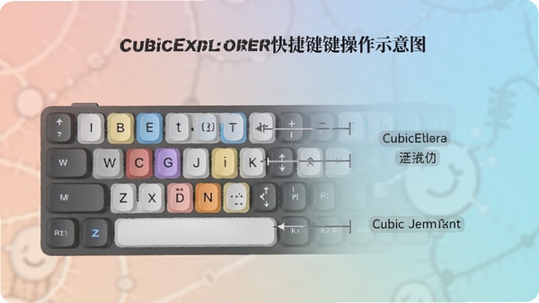 CubicExplorer快捷键操作示意图,展示键盘按键和对应功能说明,画面简洁明了,背景为柔和的渐变色彩,突出快捷键组合