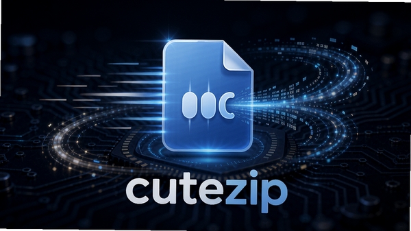 cutezip高效压缩引擎工作示意图,画面中央显示一个正在压缩的文件图标,周围环绕速度线条和数据流动特效,背景为深色科技感风格,突出快速、高效的特点,软件名称cutezip出现在图标下方