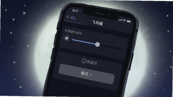 飞鸟漫画夜间模式与阅读设置界面,手机屏幕显示亮度调节条和模式选择按钮,背景为深色系,模拟夜间阅读环境,画面主体为手机屏幕中的设置选项,周围有柔和的月光光晕,整体风格静谧舒适。