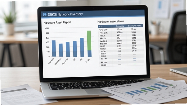 DEKSI Network Inventory 生成硬件资产报告的画面,屏幕上显示柱状图和表格,包含CPU型号、内存大小、硬盘容量等数据,背景为办公室桌面,报告纸张散落一旁,写实风格,色调柔和