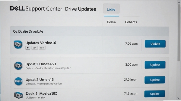 չʾDell Support Center��������ҳ�棬�г������µ������б���ÿ����Ŀ���а汾�ź͸��°�ť���������ǳɫ���⣬�����׶���