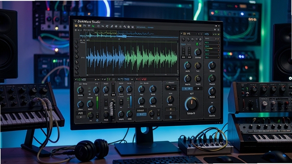 DarkWave Studio�����ڼ��ض���VST�ϳ����������Ļ��ʾ���α༭����ť���ڽ��棬��Χ������Ƶ������Ӳ���豸���Ƽ��б���
