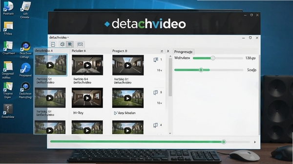 detachvideo批量处理界面,展示多个视频文件列表与进度条,背景为电脑桌面,强调软件高效处理能力,画面包含detachvideo品牌标识