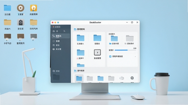 DeskDuster�������Ԥ�����������࣬ͼ��������У�����Ϊ��ˬ��ǳ��ɫ���䣬����������ʾ���������ڣ�������չʾ�ļ�����ģ������������������������������ͻ��������������ĺ��Ĺ��ܣ��������Լ�ִ������Ϲ����������Ӿ�����