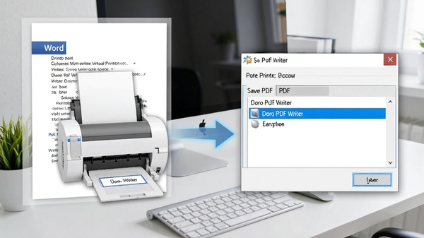 һ�Ŷ�̬ʾ��ͼ��չʾ�û���Word�ĵ������ӡ��ѡ��Doro Pdf Writer�����ӡ������󵯳�����PDF�ļ��ĶԻ��򣬻����ص�ͻ����ӡѡ���б��еġ�Doro PDF Writer�����ƣ�����Ϊ�ɾ��İ칫���棬ɫ���������������дʵ��ͻ������������