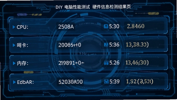 DIY电脑性能测试的硬件信息检测结果页,以列表形式清晰展示CPU、显卡、内存、主板等详细参数,界面采用蓝色科技风格,数据字体清晰易读