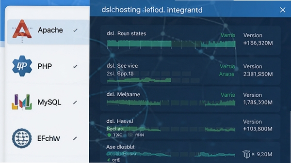 展示dsl webhosting集成环境的管理界面,画面左侧列出Apache、PHP、MySQL等组件图标,右侧显示各服务的运行状态与版本号,整体采用现代扁平化设计风格,色彩搭配以蓝白为主,强调软件的一体化集成特性