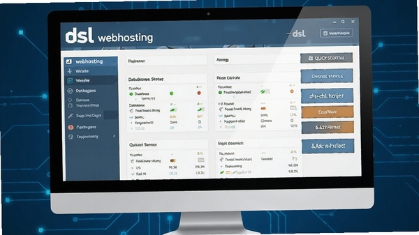 一幅展示dsl webhosting主界面的宽幅电脑截图,界面包含网站管理面板、数据库状态指示灯与快速启动按钮,背景为简洁的深蓝色技术风格,整体画面清晰明亮,突出软件的品牌名称dsl webhosting