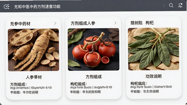 �����ҽ��ҩ�����ٲ鹦�ܽ��棬չʾ��ҩ�����˲Ρ���轵ĸ���ͼƬ��������ÿ�Ƭʽ���֣����з�������빦Ч˵�����֣���������������ͻ��ҩ������ϸ�ڡ�