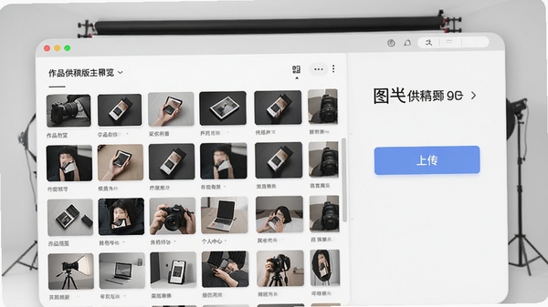 图虫供稿版主界面概览,左侧为作品列表缩略图墙,右侧为上传按钮与个人中心入口,背景采用浅灰色摄影棚风格,整体明亮简洁,突出软件名称与移动端操作场景