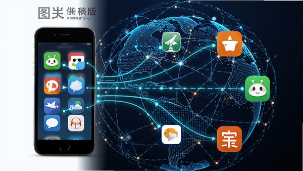 图虫供稿版多平台分发示意图,手机屏幕中显示多个平台图标被连线,背景为地球网络元素,突出多渠道覆盖能力
