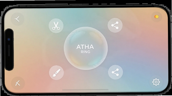 ATHA RING主界面截图,手机屏幕中央悬浮着半透明圆形功能球,四周有剪刀、画笔、分享等图标,背景是色彩柔和的渐变色,整体风格现代简洁,高清渲染图